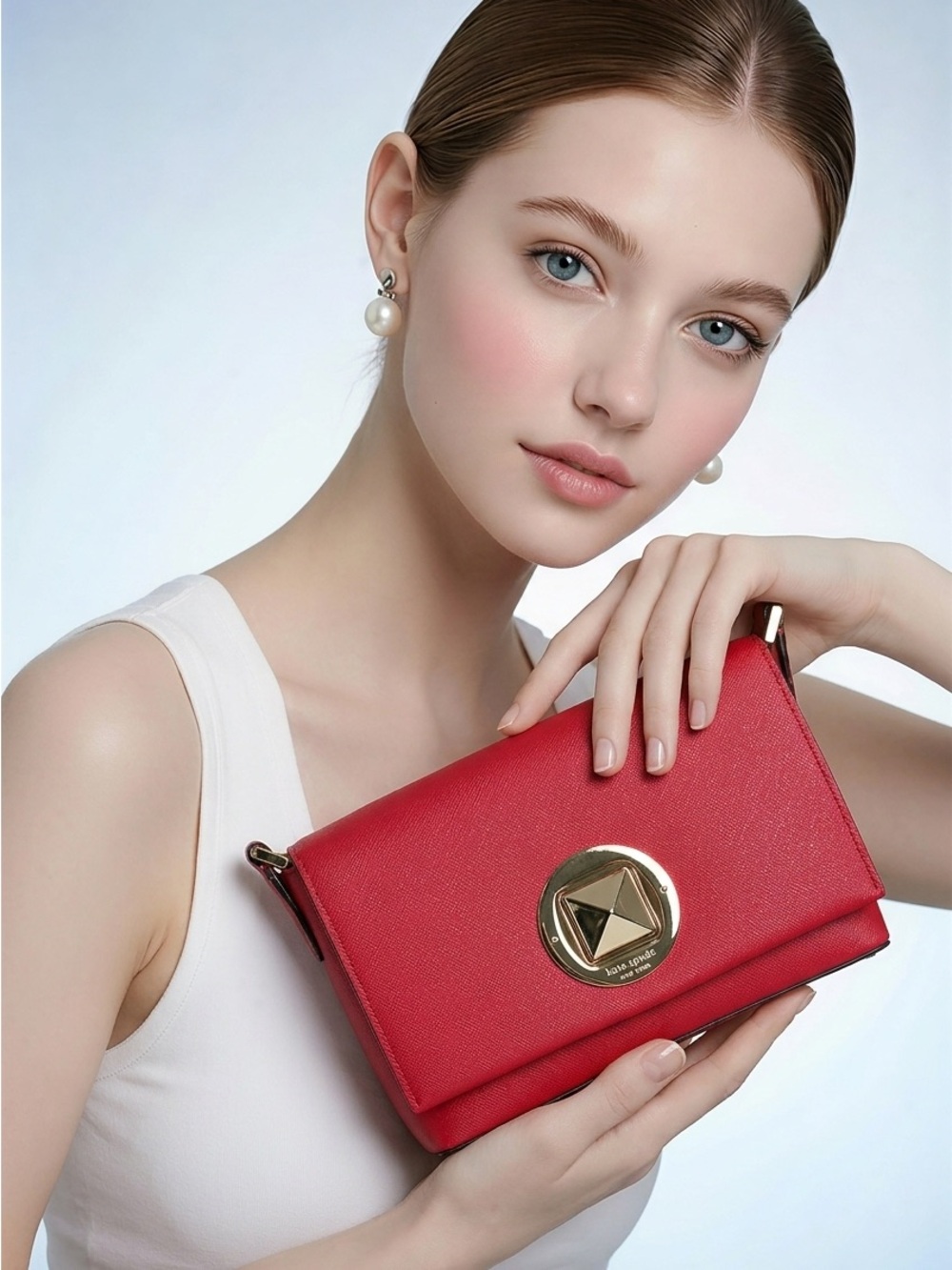 Kate Spade Bright Red Saffiano Leather Newberry Lane Sally Gold Turnlock